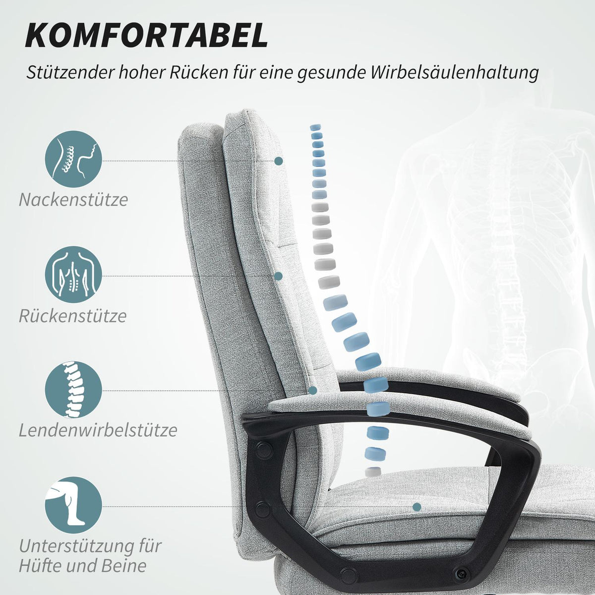 Office Chair Ergonomic Desk Chair with Armrest, Height-Adjustable Swivel Chair with Rocker Function, Linen Look, Padded Computer Chair, Gray
