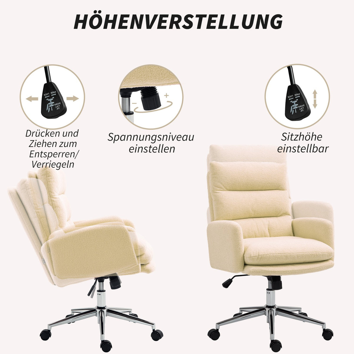 Office Chair Ergonomic Desk Chair with Armrest, Lambswool Look, Height-Adjustable Swivel Chair with Rocker Function, Padded Home Office Chair, Cream White |