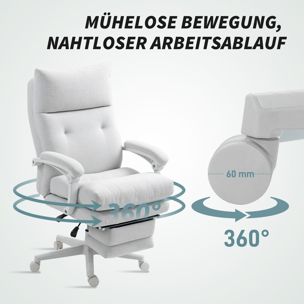 Office Chair Ergonomic Desk Chair with Lumbar Support, High Back, Footrest, Height-Adjustable Swivel Chair with Linen Look, Padded Computer Chair, Cream White