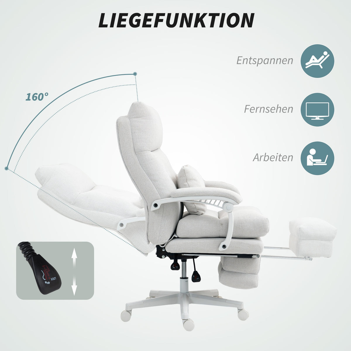 Office Chair Ergonomic Desk Chair with Lumbar Support, High Back, Footrest, Height-Adjustable Swivel Chair with Linen Look, Padded Computer Chair, Cream White
