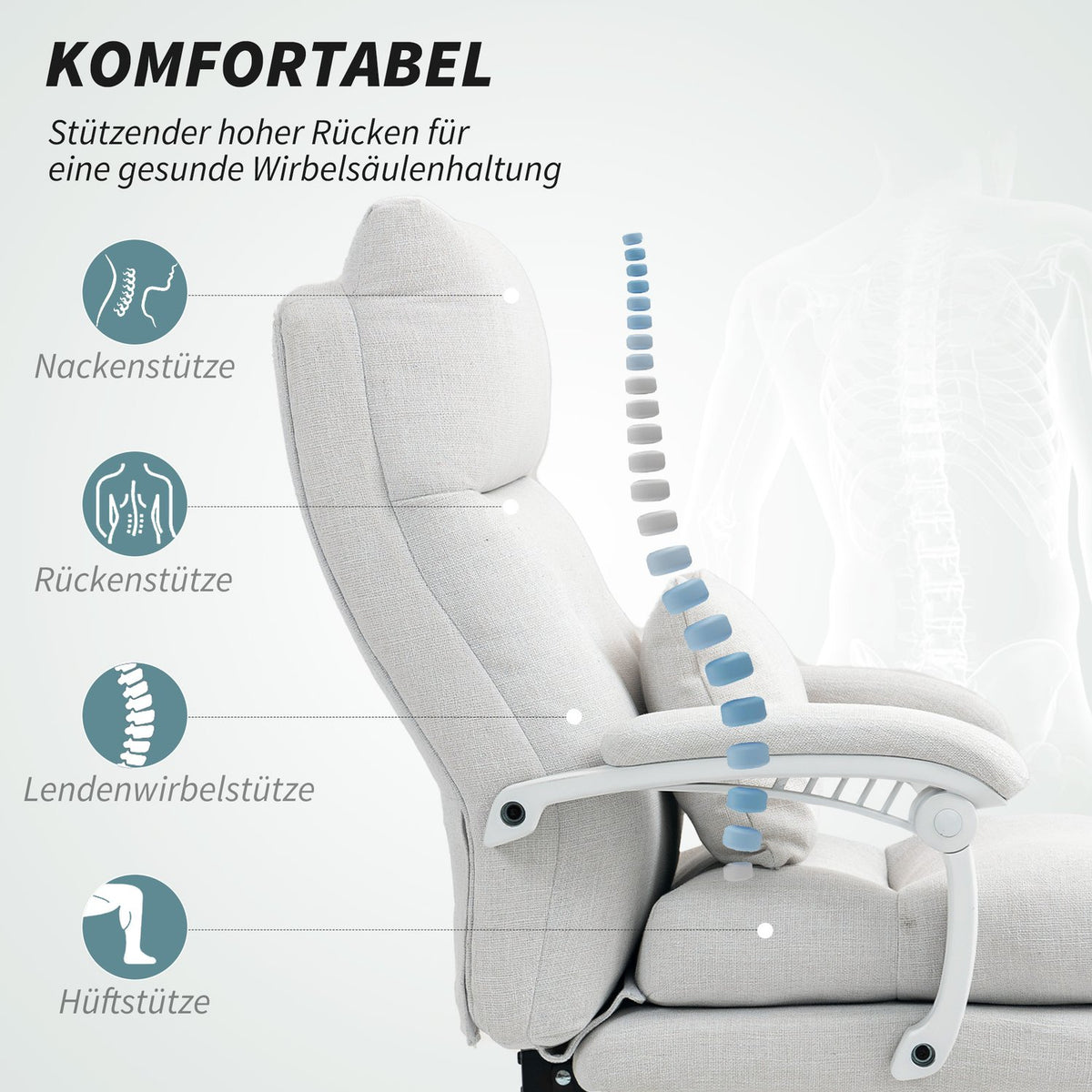 Office Chair Ergonomic Desk Chair with Lumbar Support, High Back, Footrest, Height-Adjustable Swivel Chair with Linen Look, Padded Computer Chair, Cream White
