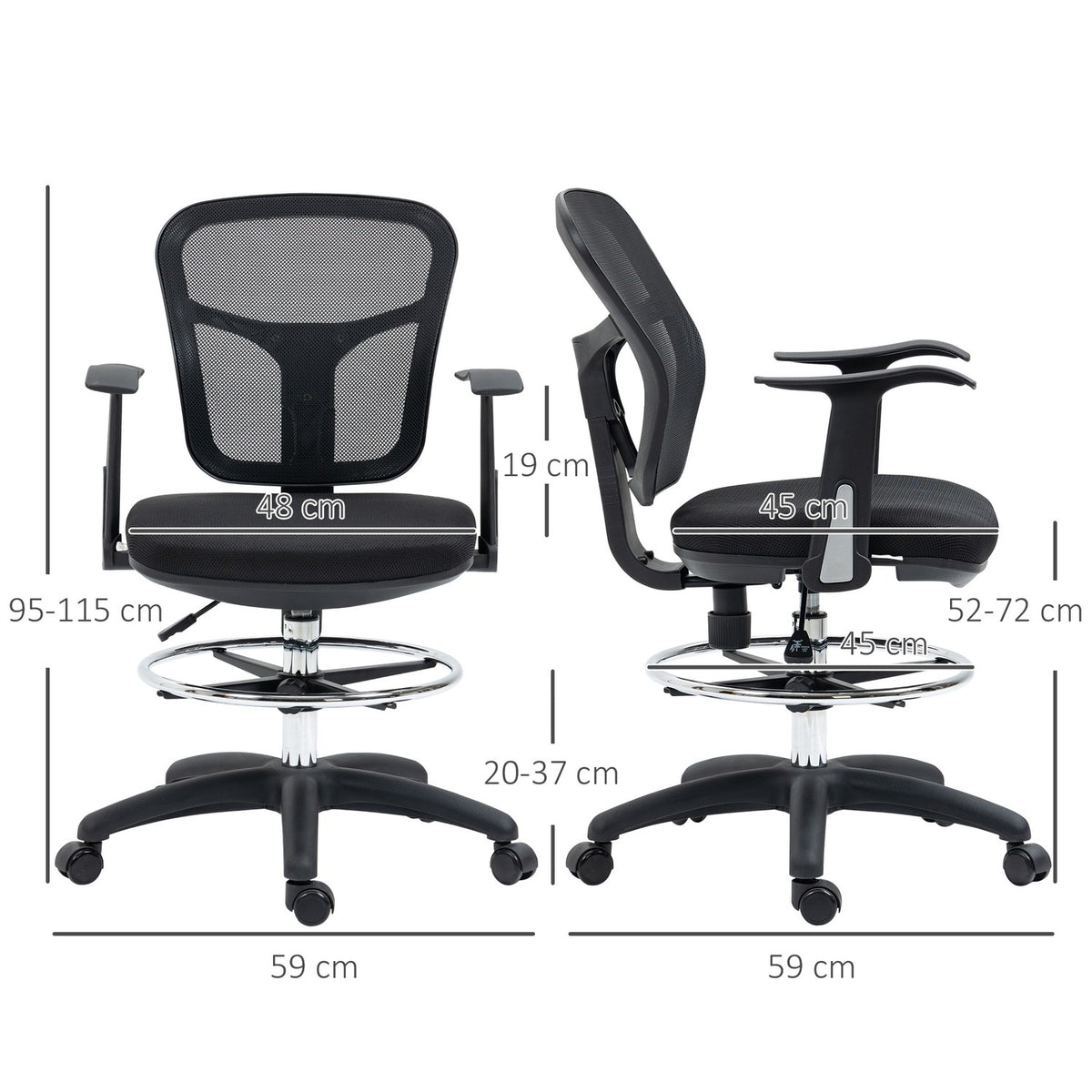 Office Chair, Ergonomic Drawing Chair, 95-115Cm Computer Chair With Armrest, Desk Chair With Footrest, Mesh, Black
