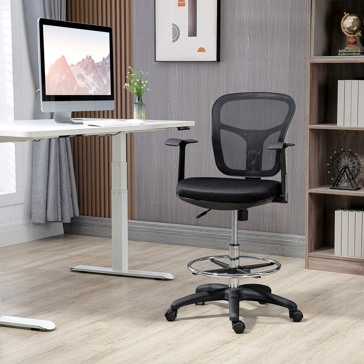 Office Chair, Ergonomic Drawing Chair, 95-115Cm Computer Chair With Armrest, Desk Chair With Footrest, Mesh, Black