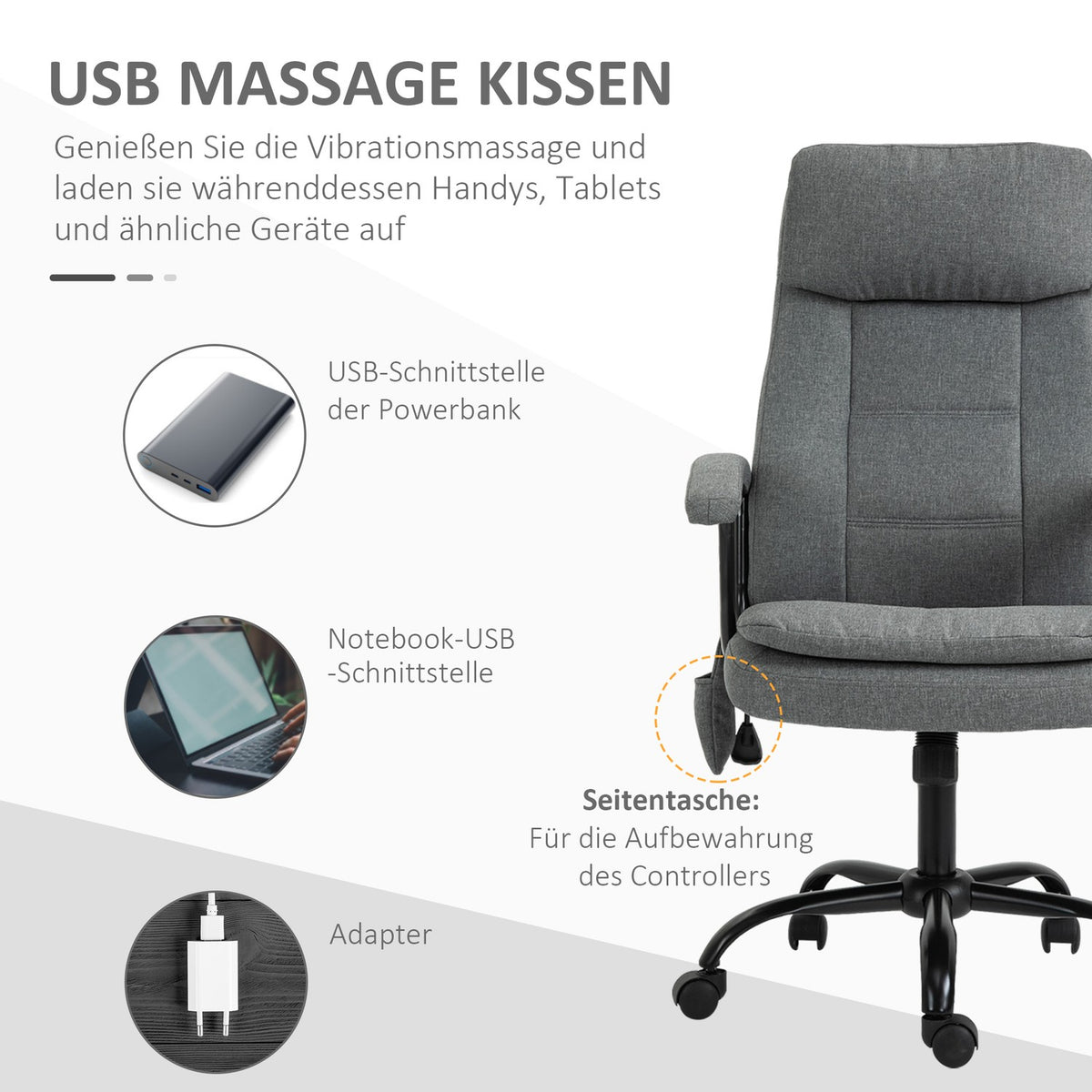 Office Chair Ergonomic Gaming Chair With Massage & Lumbar Massage, Height Adjustable, Linen Feel, Gray, 63X70X112-121Cm