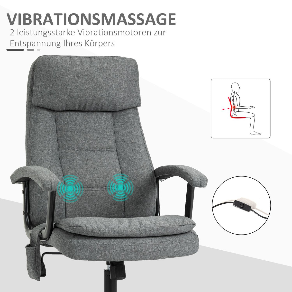 Office Chair Ergonomic Gaming Chair With Massage & Lumbar Massage, Height Adjustable, Linen Feel, Gray, 63X70X112-121Cm