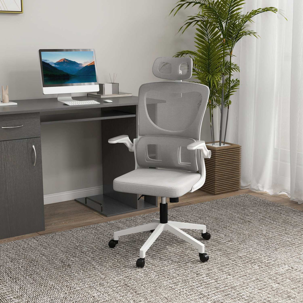 Office Chair Ergonomic Height Adjustable Desk Chair Adjustable Armrest Pillow Rocker Function Lumbar Support Mesh Gray