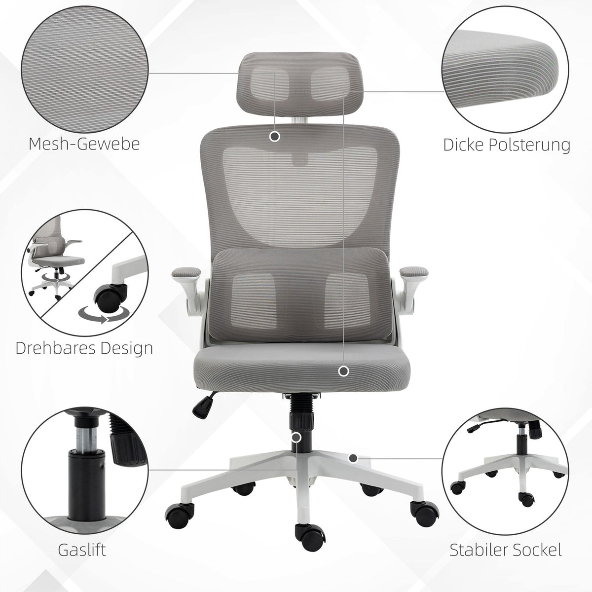 Office Chair Ergonomic Height Adjustable Desk Chair Adjustable Armrest Pillow Rocker Function Lumbar Support Mesh Gray