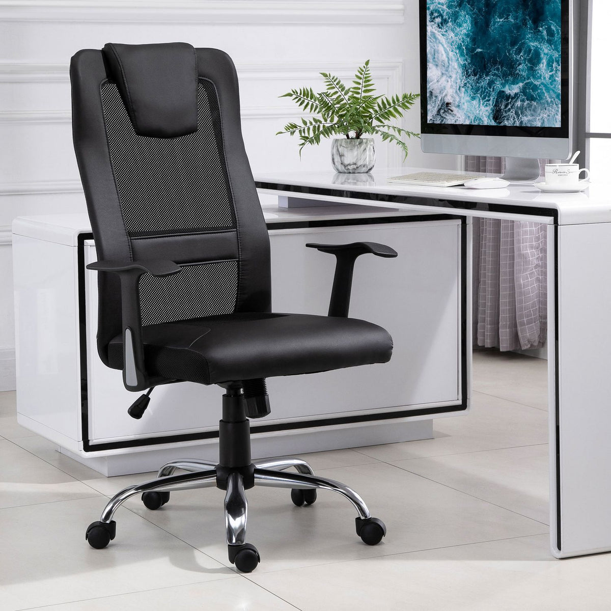 Office Chair Ergonomic Swivel Chair, Height Adjustable, Pu Leather, Black, 66X73X108-118 Cm