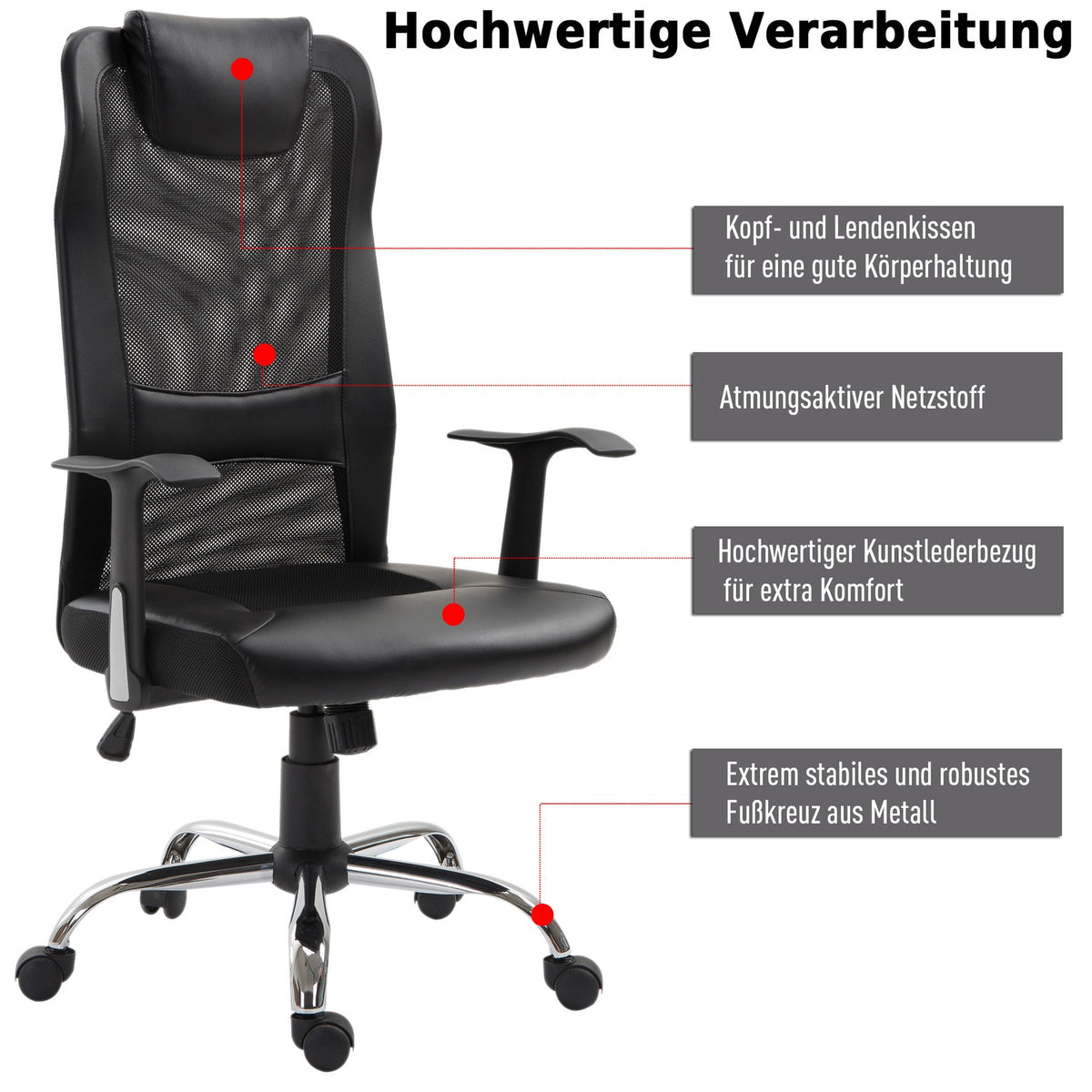 Office Chair Ergonomic Swivel Chair, Height Adjustable, Pu Leather, Black, 66X73X108-118 Cm