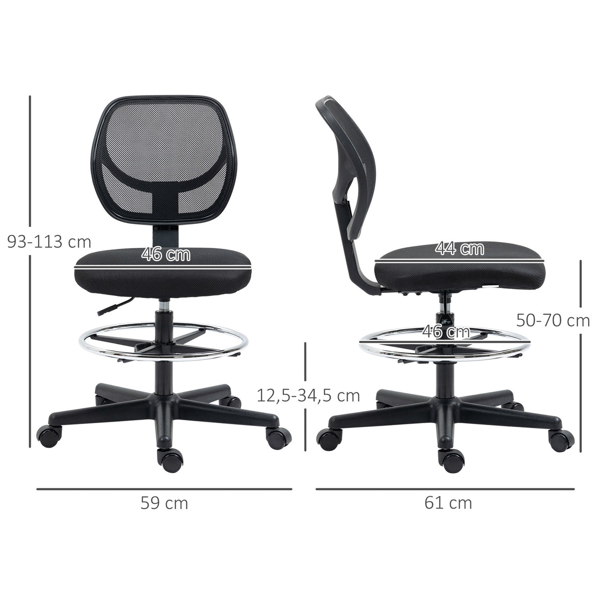 Office Chair Ergonomic Swivel Chair With Adjustable Foot Ring, Height Adjustable 93-113Cm, Wheels, Black