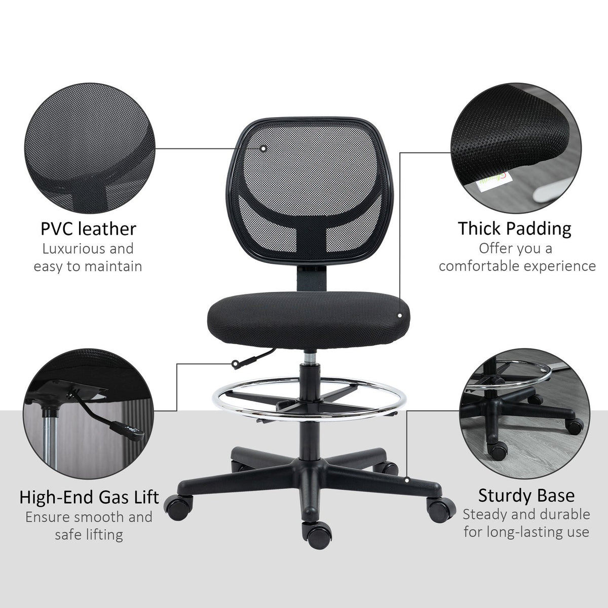 Office Chair Ergonomic Swivel Chair With Adjustable Foot Ring, Height Adjustable 93-113Cm, Wheels, Black