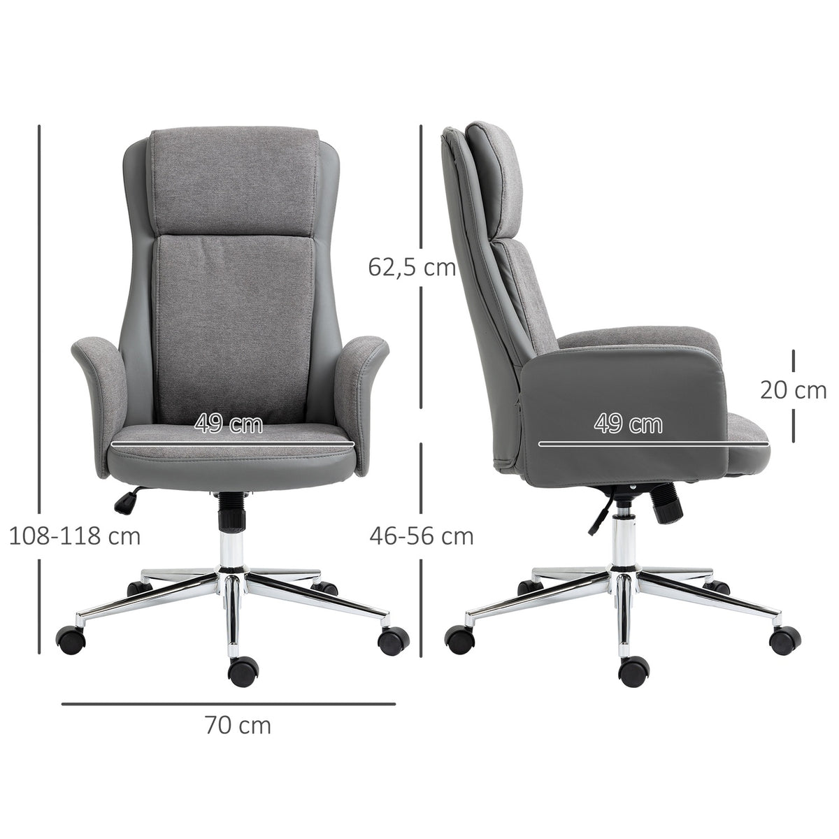 Office Chair Ergonomic Swivel Chair With Rocker Function, 360° Rotatable, Height Adjustable, Pu, Load Capacity Up To 120Kg, Gray, 65X72X108-118Cm