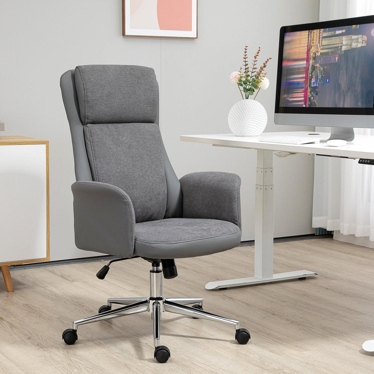 Office Chair Ergonomic Swivel Chair With Rocker Function, 360° Rotatable, Height Adjustable, Pu, Load Capacity Up To 120Kg, Gray, 65X72X108-118Cm