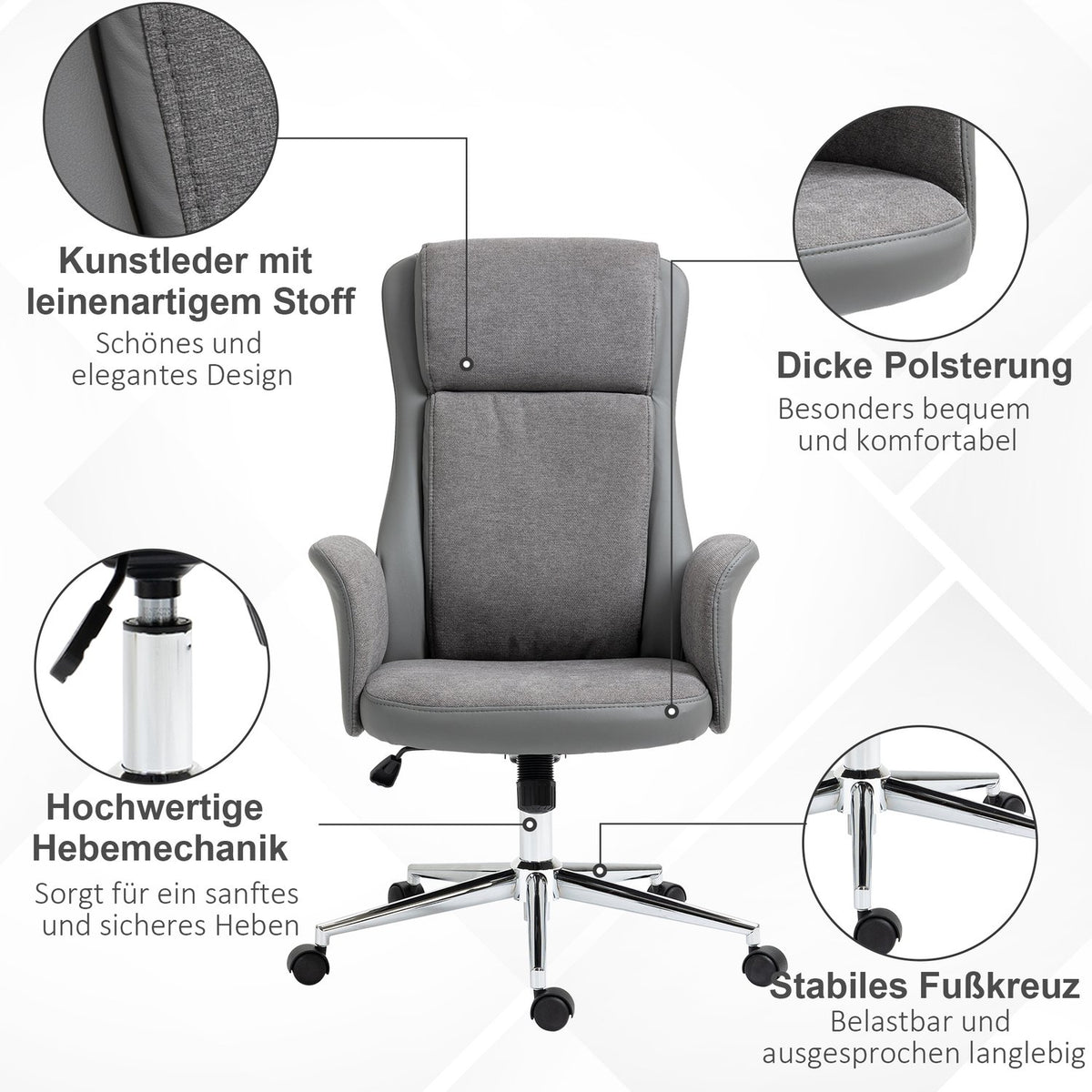 Office Chair Ergonomic Swivel Chair With Rocker Function, 360° Rotatable, Height Adjustable, Pu, Load Capacity Up To 120Kg, Gray, 65X72X108-118Cm