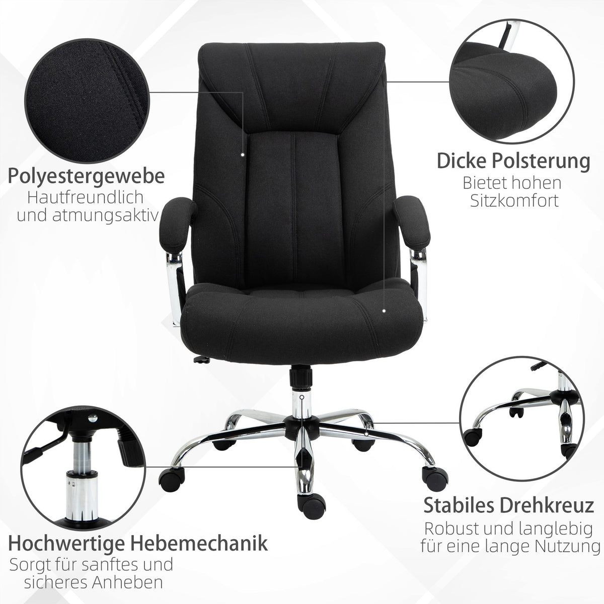Office Chair Ergonomic Swivel Chair With Rocker Function, Padded Armrest, Headrest, Black, 65X78X110-120Cm