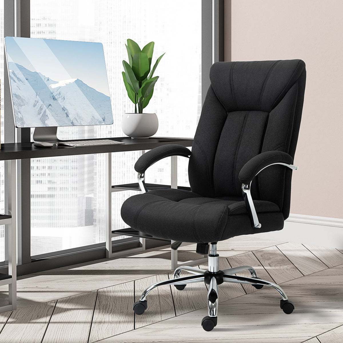 Office Chair Ergonomic Swivel Chair With Rocker Function, Padded Armrest, Headrest, Black, 65X78X110-120Cm