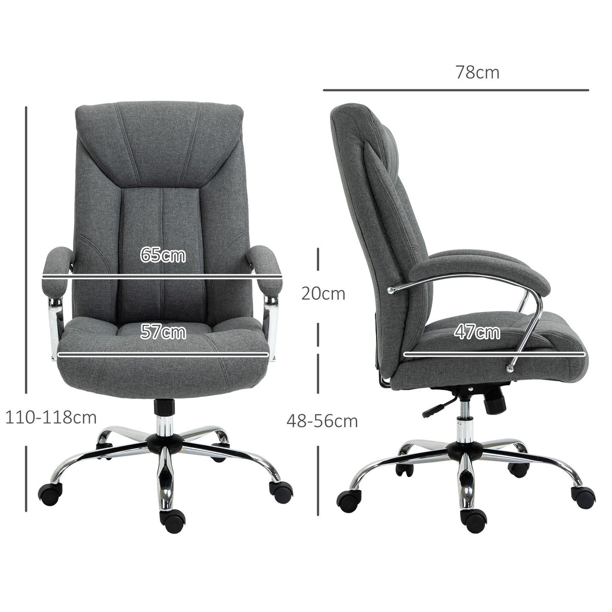 Office Chair Ergonomic Swivel Chair With Rocker Function, Padded Armrest, Headrest, Gray, 65X78X110-120Cm