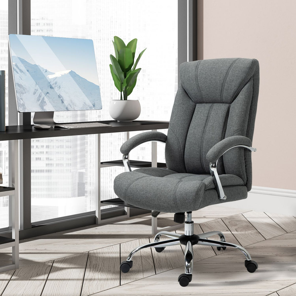 Office Chair Ergonomic Swivel Chair With Rocker Function, Padded Armrest, Headrest, Gray, 65X78X110-120Cm