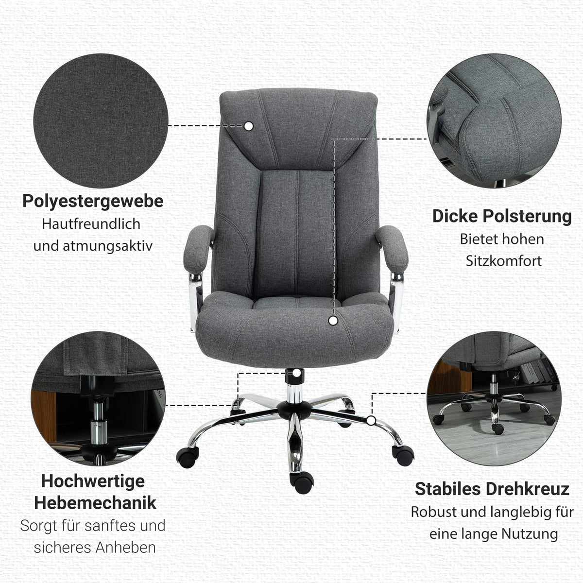 Office Chair Ergonomic Swivel Chair With Rocker Function, Padded Armrest, Headrest, Gray, 65X78X110-120Cm