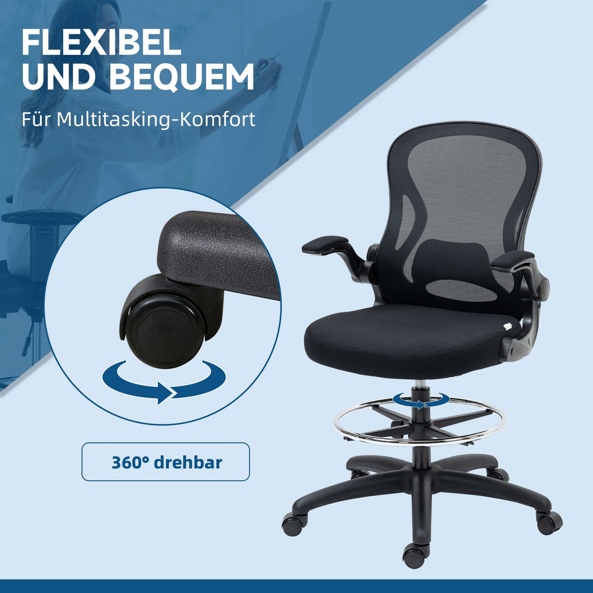 Office Chair Ergonomic Work Chair With Adjustable Foot Ring, 110-130 Cm Height Adjustable, Wheels, Lumbar Support, Black
