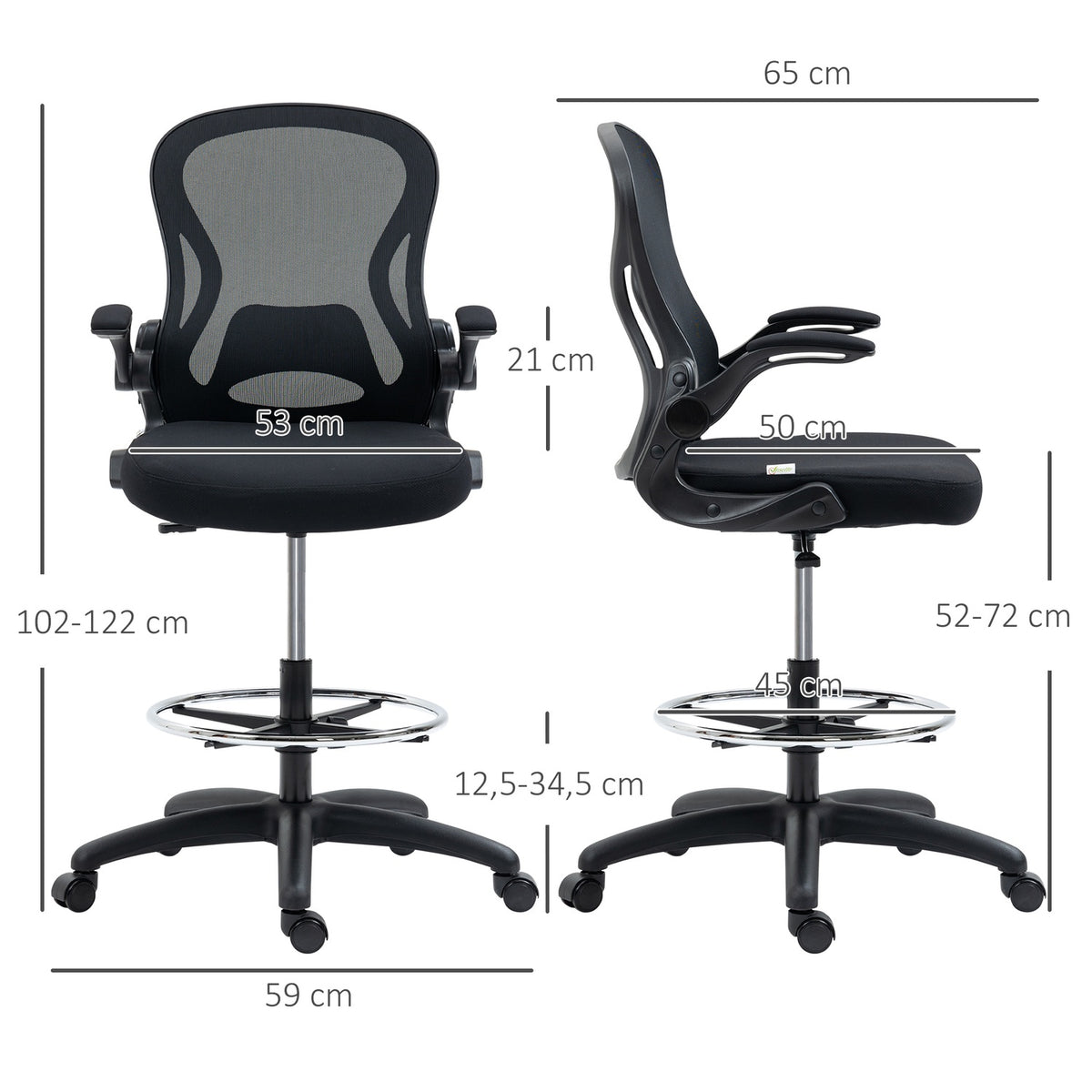 Office Chair Ergonomic Work Chair With Adjustable Foot Ring, 110-130 Cm Height Adjustable, Wheels, Lumbar Support, Black