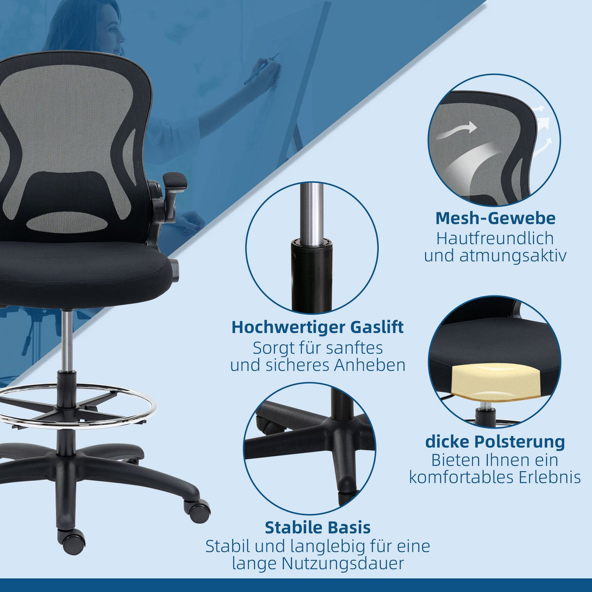 Office Chair Ergonomic Work Chair With Adjustable Foot Ring, 110-130 Cm Height Adjustable, Wheels, Lumbar Support, Black