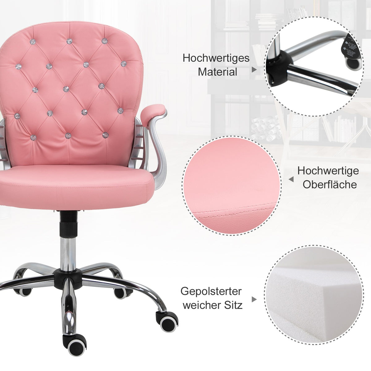 Office Chair Executive Chair Ergonomic Padded Backrest, Pink, Pu, 59.5 X 60.5 95-105 Cm