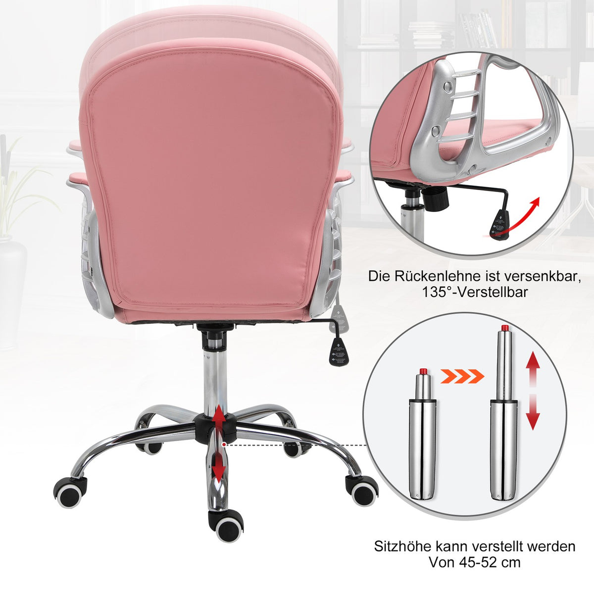 Office Chair Executive Chair Ergonomic Padded Backrest, Pink, Pu, 59.5 X 60.5 95-105 Cm