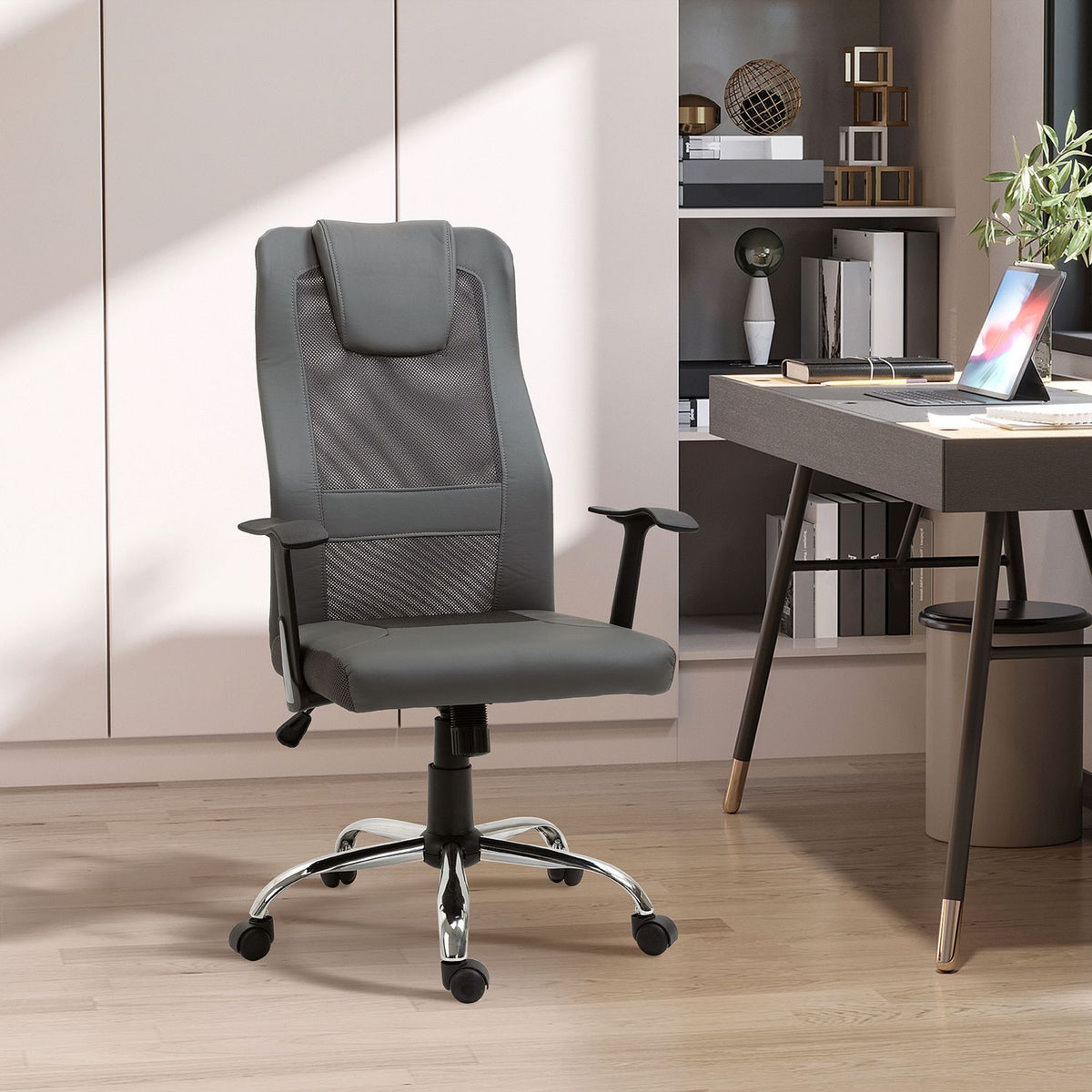 Office Chair Executive Chair Height Adjustable, Ergonomic, Faux Leather, Gray, 66X73X108-118 Cm