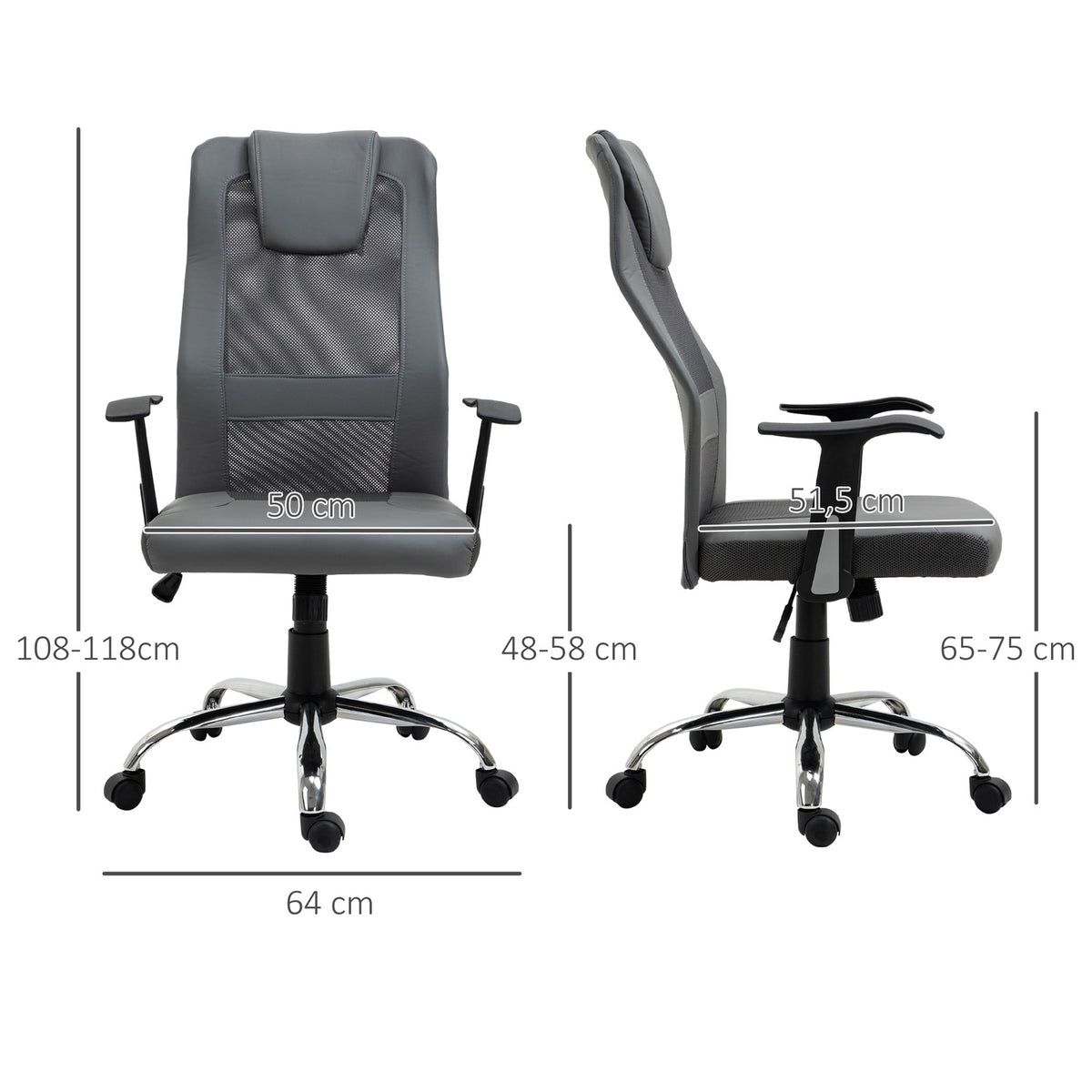 Office Chair Executive Chair Height Adjustable, Ergonomic, Faux Leather, Gray, 66X73X108-118 Cm