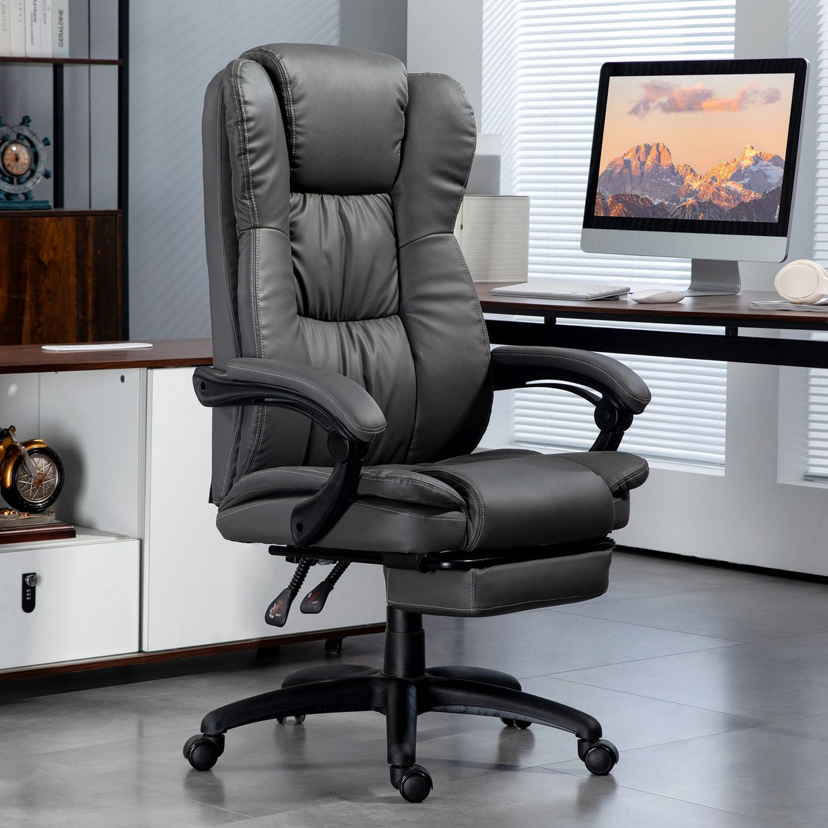Office Chair Executive Chair Swivel Chair Liftable with Footrest Headrest Ergonomic Chair Vibration Desk Chair with Reclining Function Massage Function Faux Leather Dark Gray 68.5x68.5x113-121cm