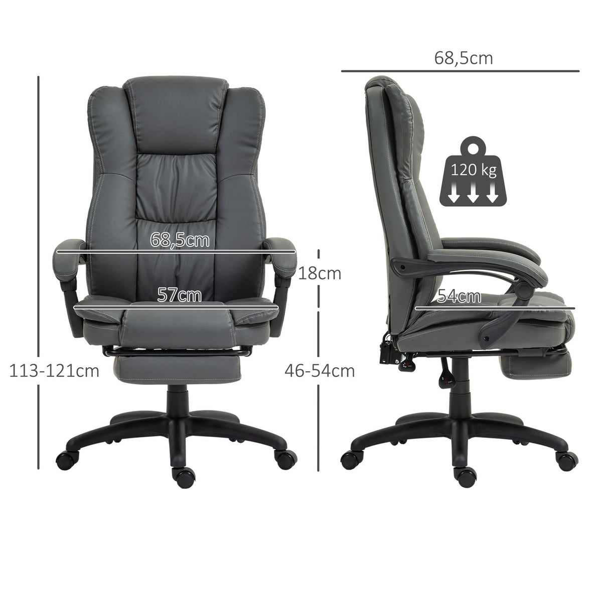 Office Chair Executive Chair Swivel Chair Liftable with Footrest Headrest Ergonomic Chair Vibration Desk Chair with Reclining Function Massage Function Faux Leather Dark Gray 68.5x68.5x113-121cm