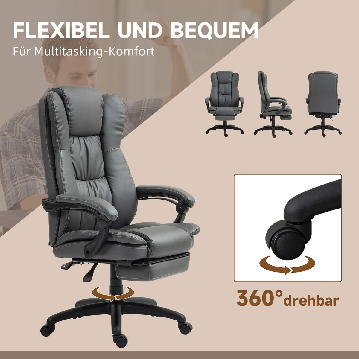 Office Chair Executive Chair Swivel Chair Liftable with Footrest Headrest Ergonomic Chair Vibration Desk Chair with Reclining Function Massage Function Faux Leather Dark Gray 68.5x68.5x113-121cm