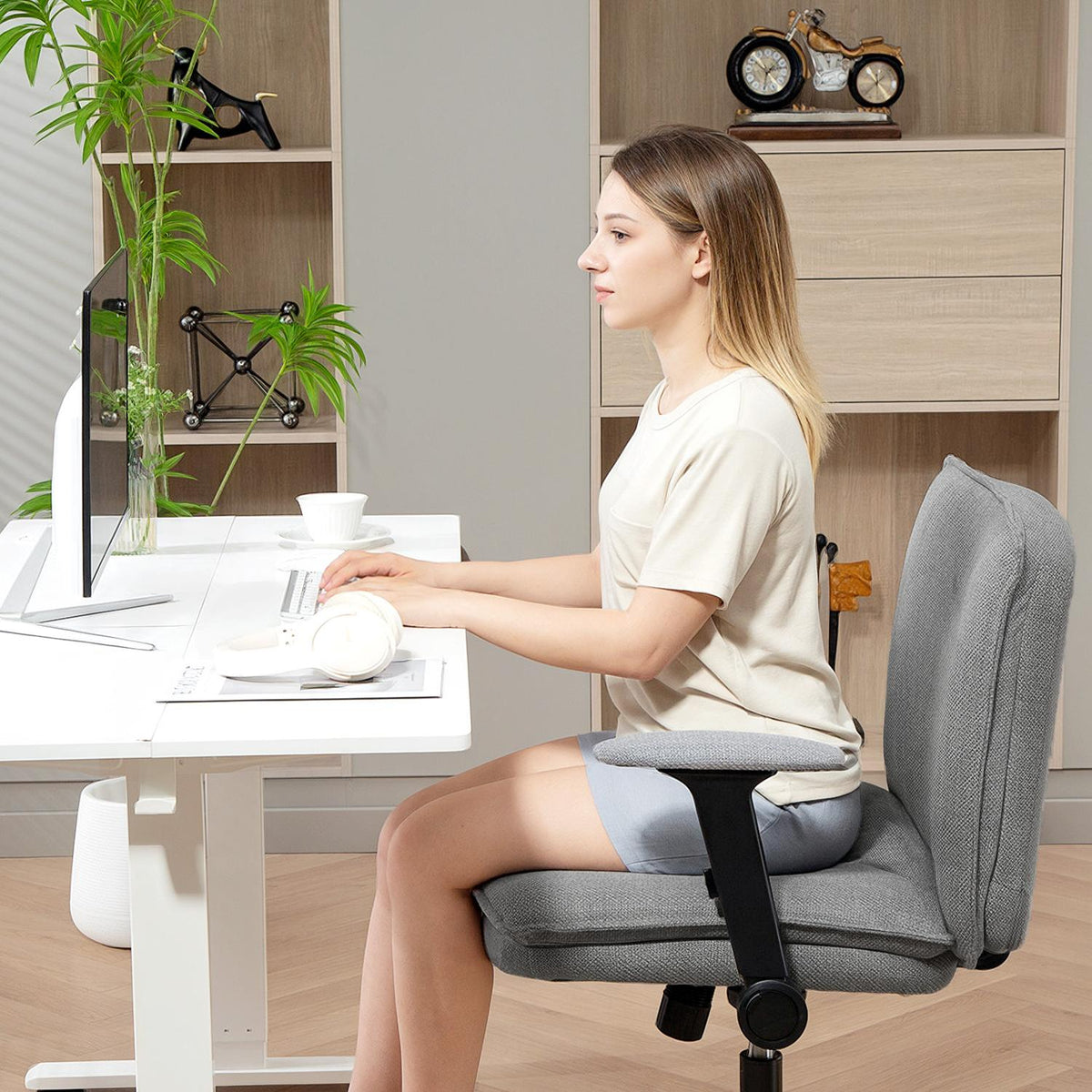 Office Chair, Foldable Arms, Wide Linen Look, Adjustable Height