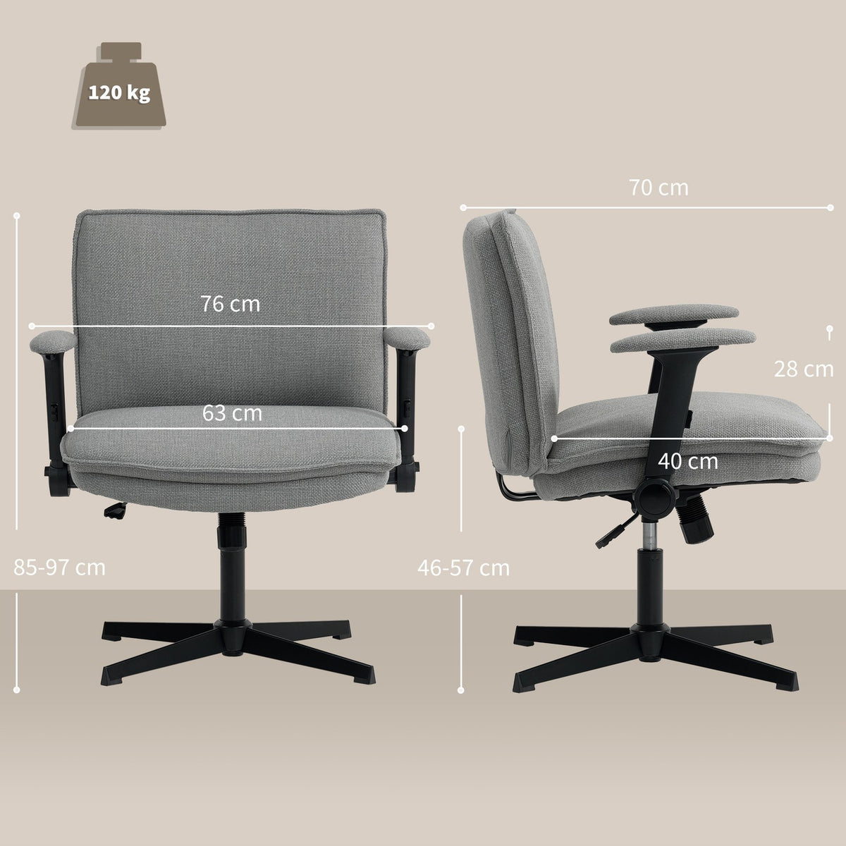 Office Chair, Foldable Arms, Wide Linen Look, Adjustable Height