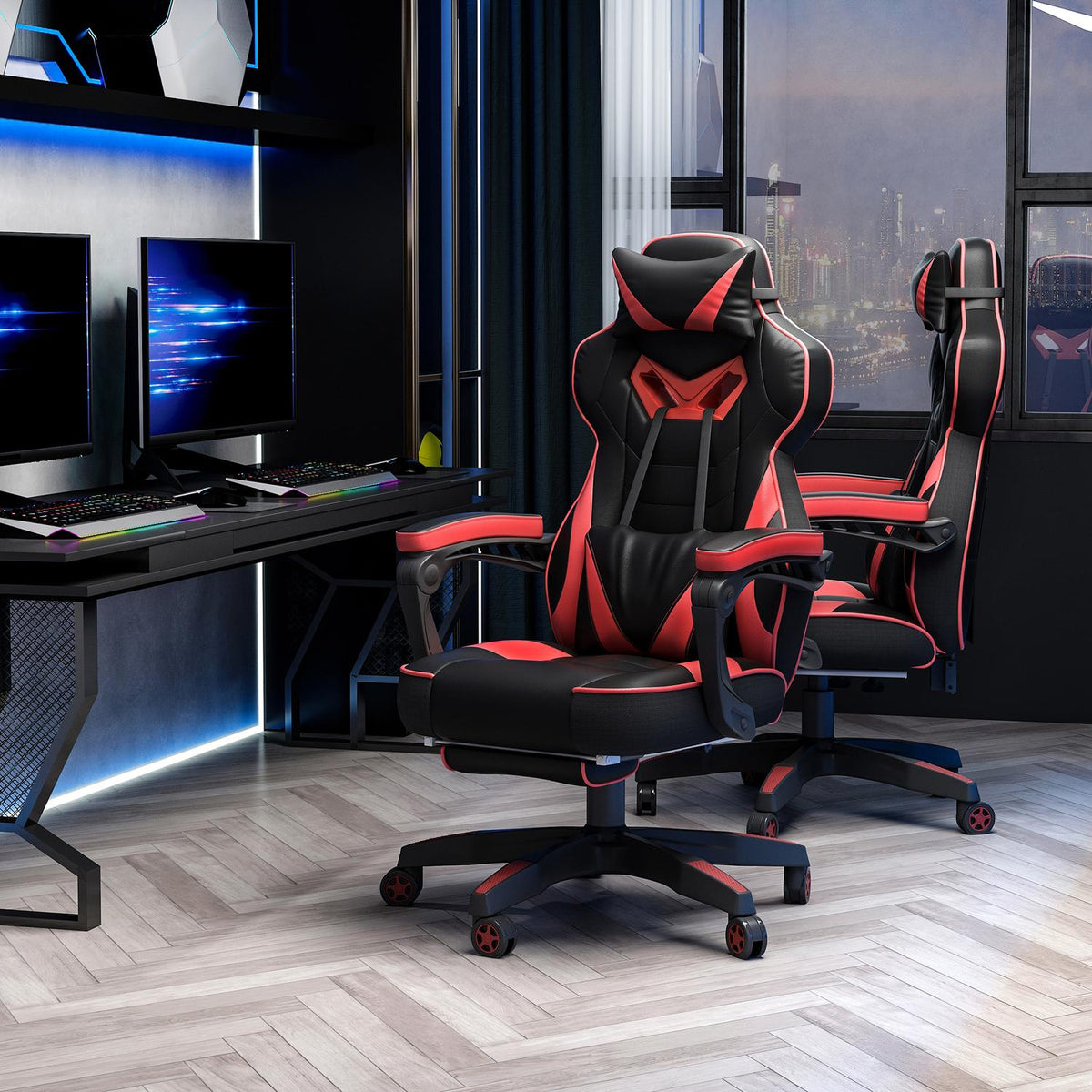 Office Chair Gaming Chair Massage Function Executive Chair Faux Leather Height Adjustable Black + Blue W68Xd69Xh108-117Cm