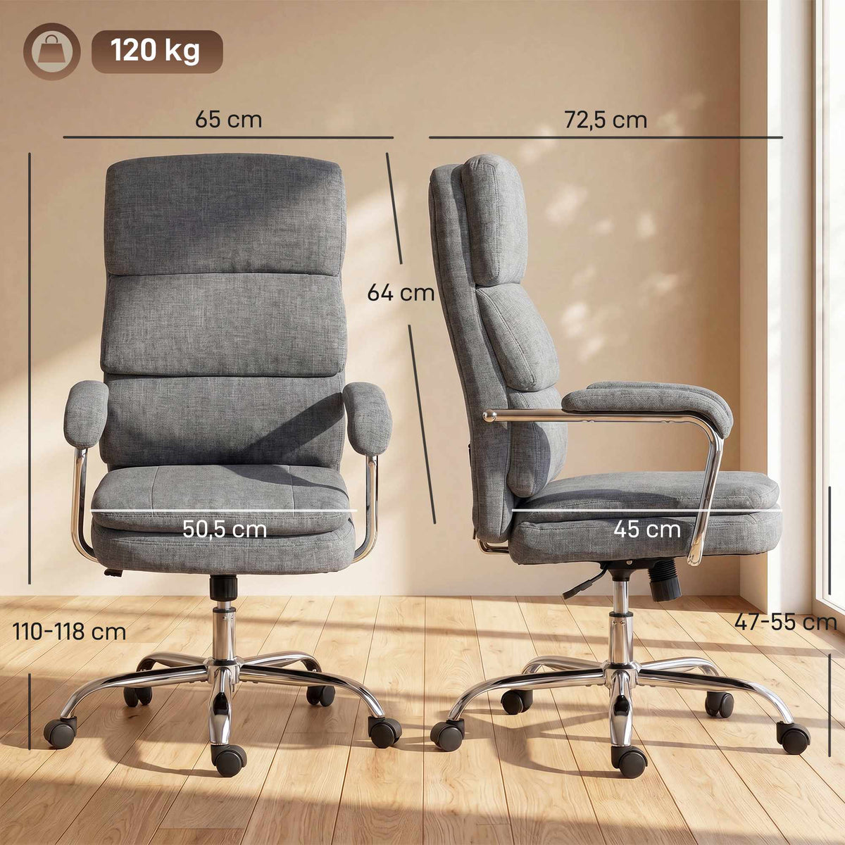 Office Chair, Height-Adjustable 360 Swivel, Grey Chenille