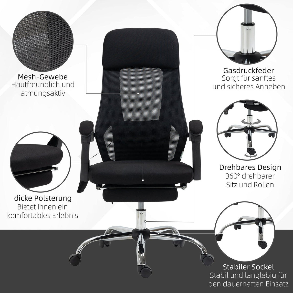 Office Chair Massage Chair With 2 Vibration Points, Reclining Function, Footrest, Usb, Mesh Fabric