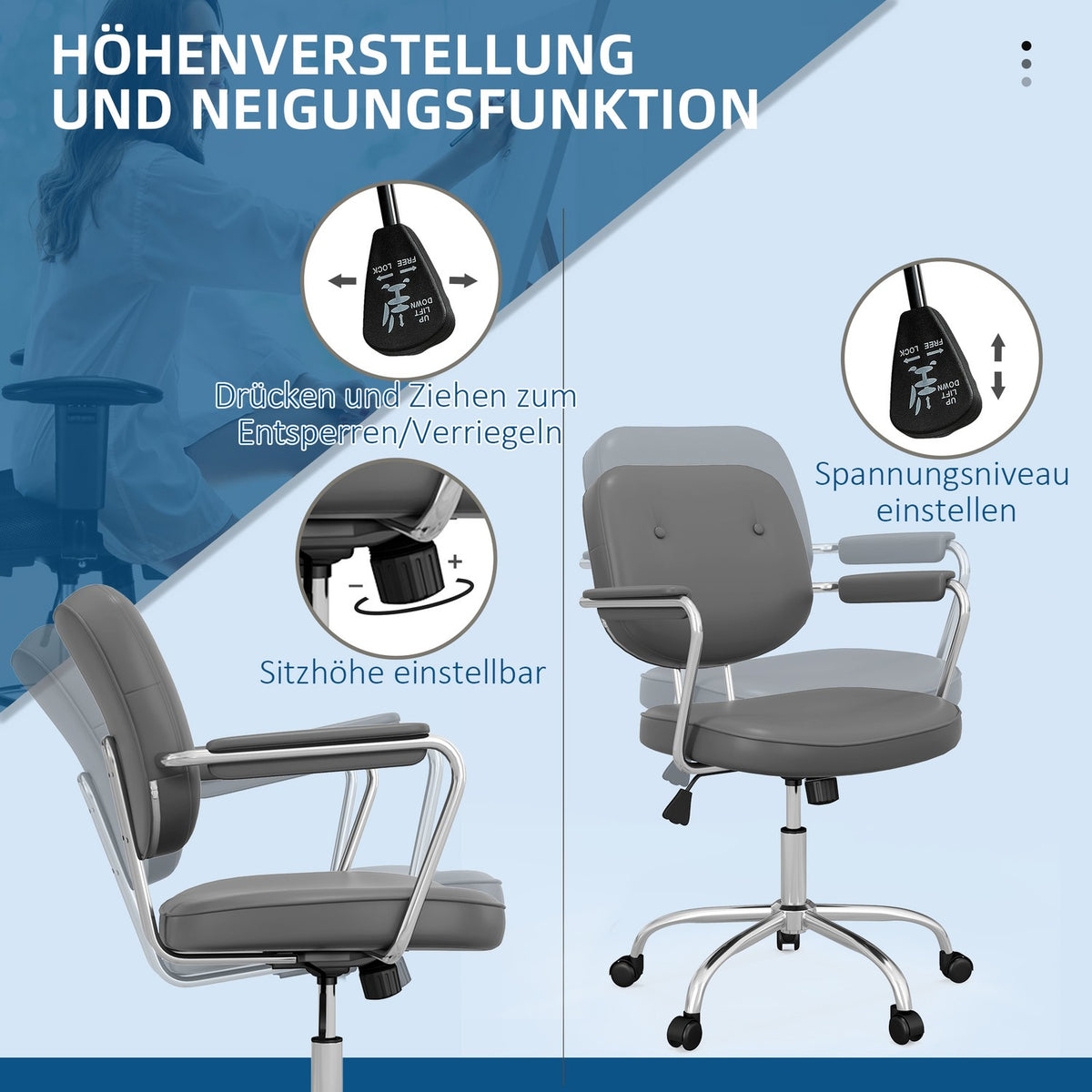 Office Chair Rocker Function, Imitation Leather Look, Height Adjustable 82-92Cm, Wheels, Up To 120Kg, Swivel Chair