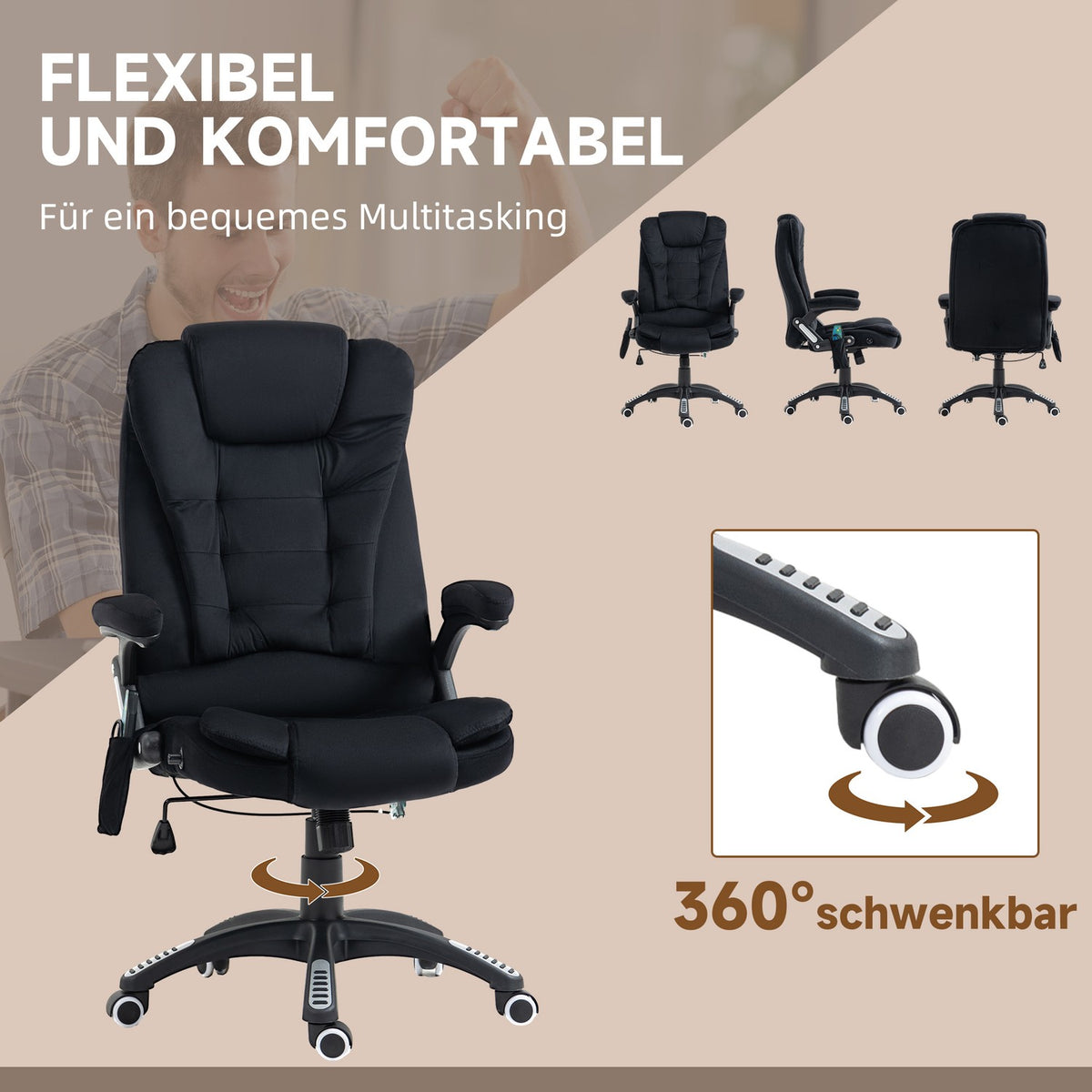 Office Chair Rocker Function Massage Chair Heat Function Ergonomic Height Adjustable Up To 120Kg Black