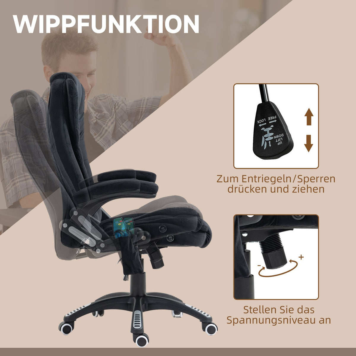 Office Chair Rocker Function Massage Chair Heat Function Ergonomic Height Adjustable Up To 120Kg Black