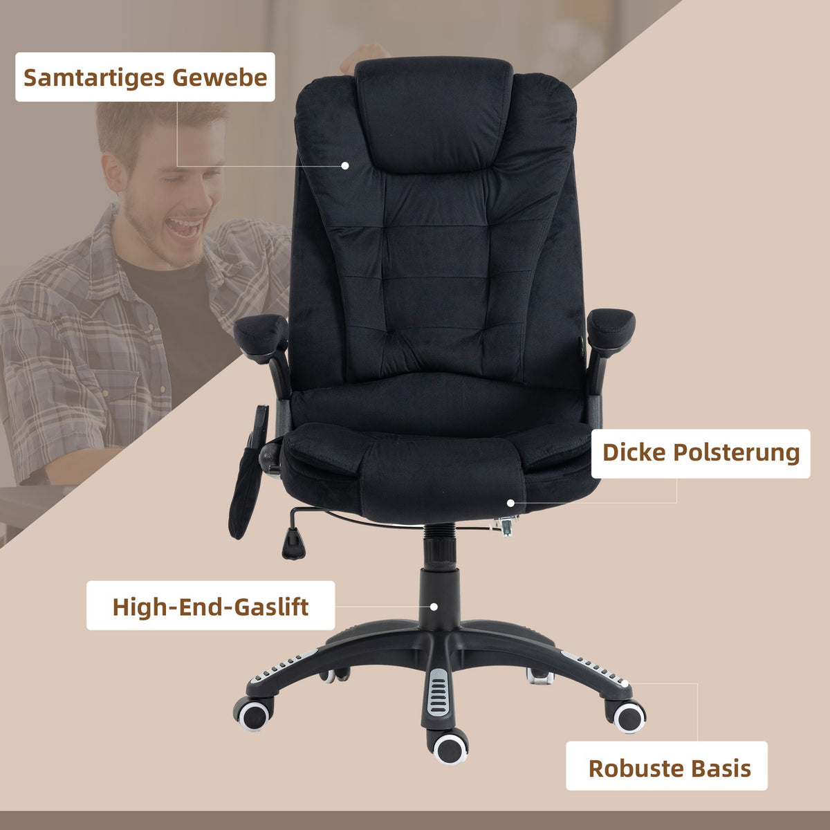 Office Chair Rocker Function Massage Chair Heat Function Ergonomic Height Adjustable Up To 120Kg Black