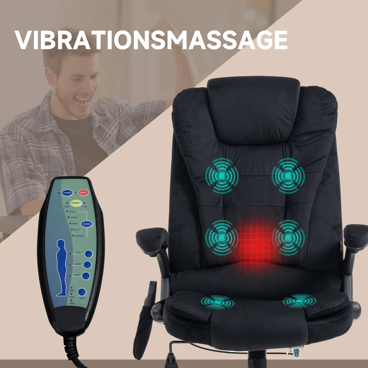 Office Chair Rocker Function Massage Chair Heat Function Ergonomic Height Adjustable Up To 120Kg Black