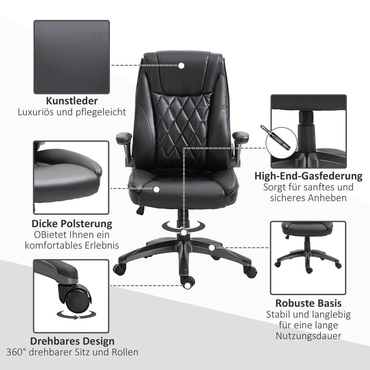 Office Chair, Swivel Chair, Computer Chair, Ergonomic, Rocker Function, Height Adjustable, Headrest, Padded Armrests, Black