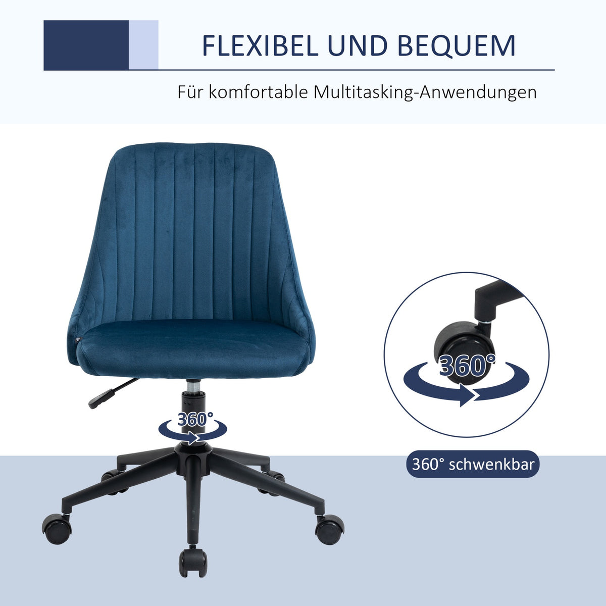 Office Chair Swivel Chair Desk Chair Ergonomic Line Design Height Adjustable 360° Rotatable Velvety Polyester Blue 50 X 58 X 77-85 Cm