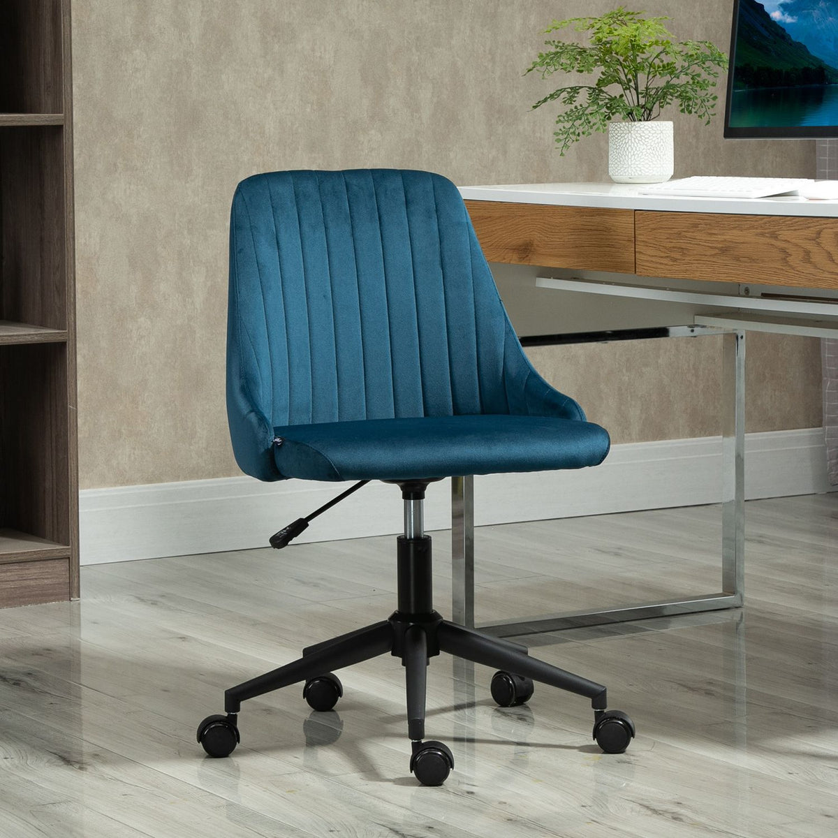 Office Chair Swivel Chair Desk Chair Ergonomic Line Design Height Adjustable 360° Rotatable Velvety Polyester Blue 50 X 58 X 77-85 Cm
