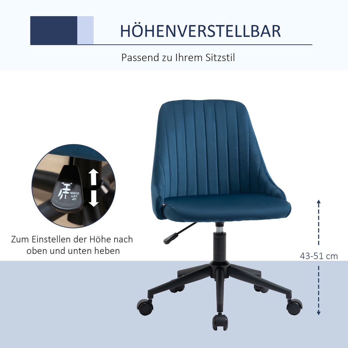 Office Chair Swivel Chair Desk Chair Ergonomic Line Design Height Adjustable 360° Rotatable Velvety Polyester Blue 50 X 58 X 77-85 Cm