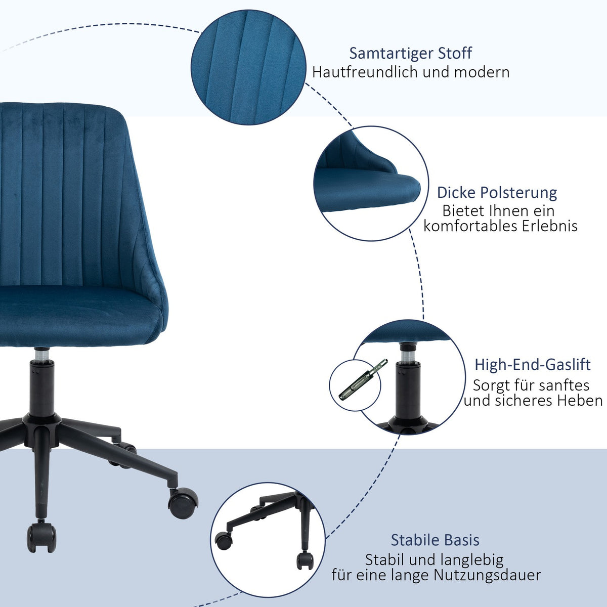 Office Chair Swivel Chair Desk Chair Ergonomic Line Design Height Adjustable 360° Rotatable Velvety Polyester Blue 50 X 58 X 77-85 Cm