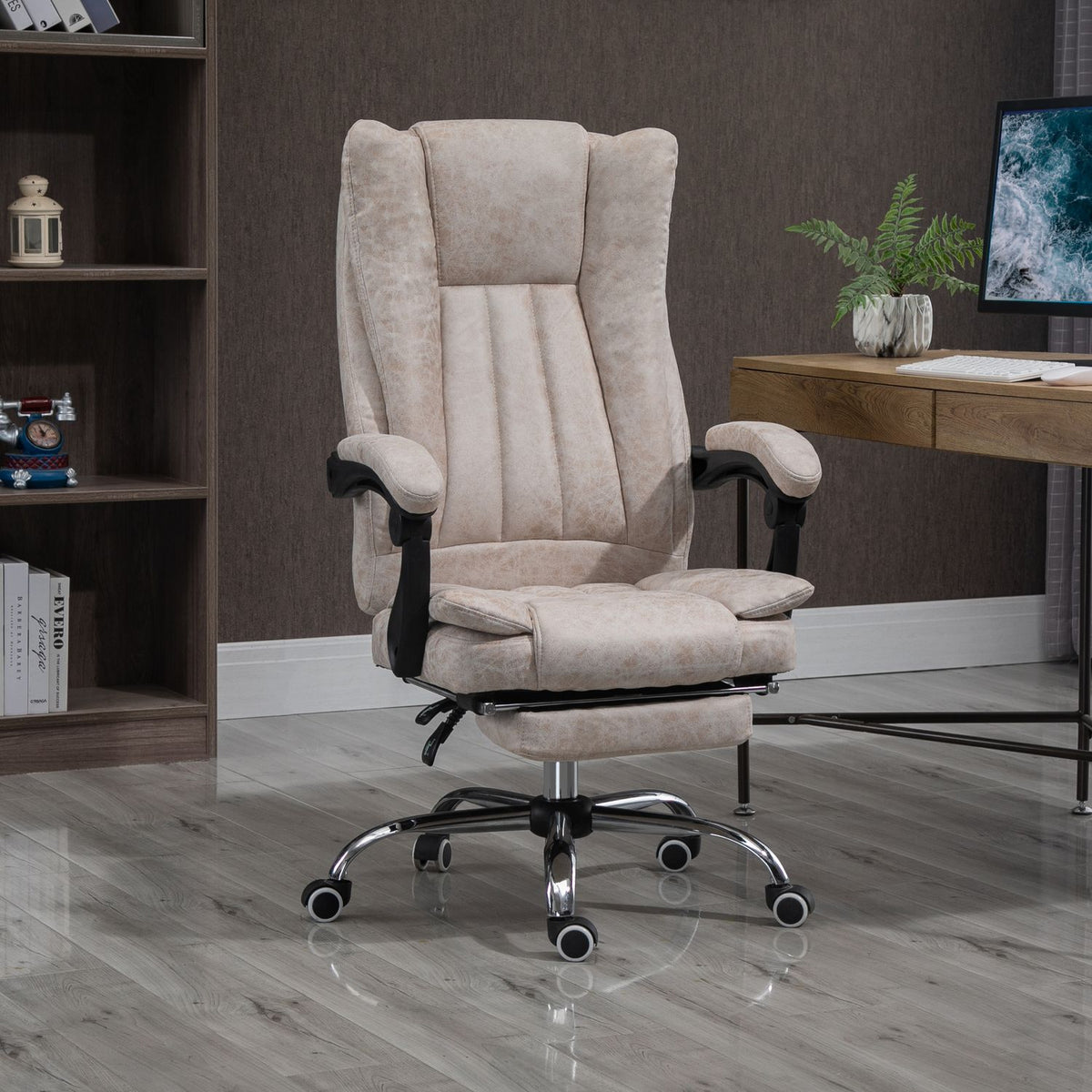 Office Chair Swivel Chair Desk Chair With Reclining Function Footrest Height Adjustable Microfiber Beige + Black + Silver 63 X 71 X 110-118 Cm