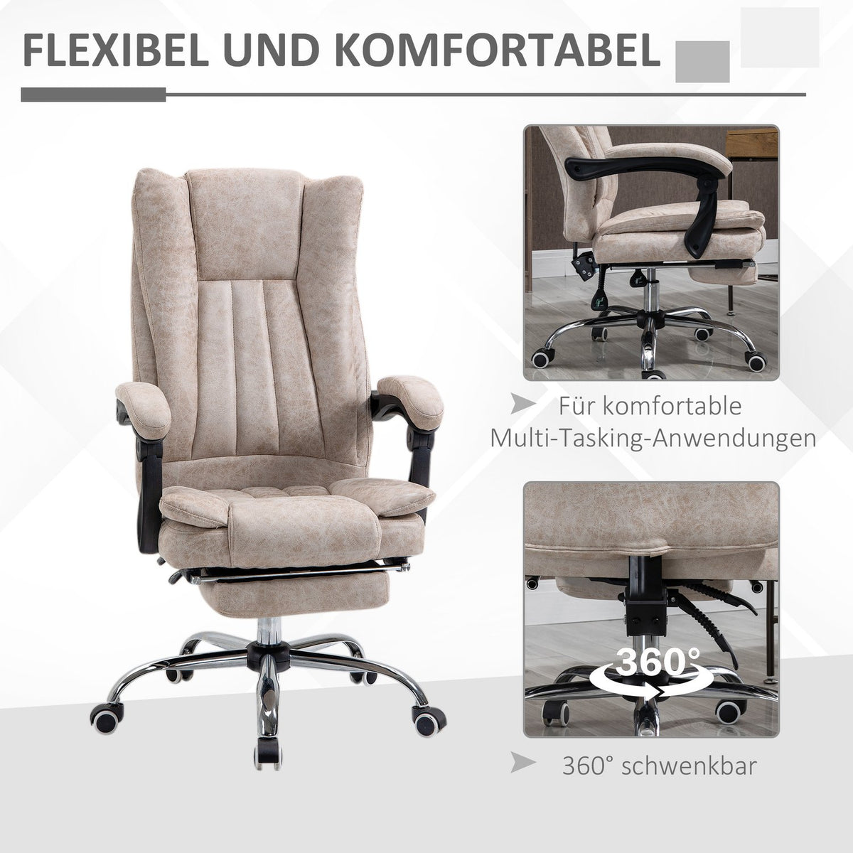 Office Chair Swivel Chair Desk Chair With Reclining Function Footrest Height Adjustable Microfiber Beige + Black + Silver 63 X 71 X 110-118 Cm